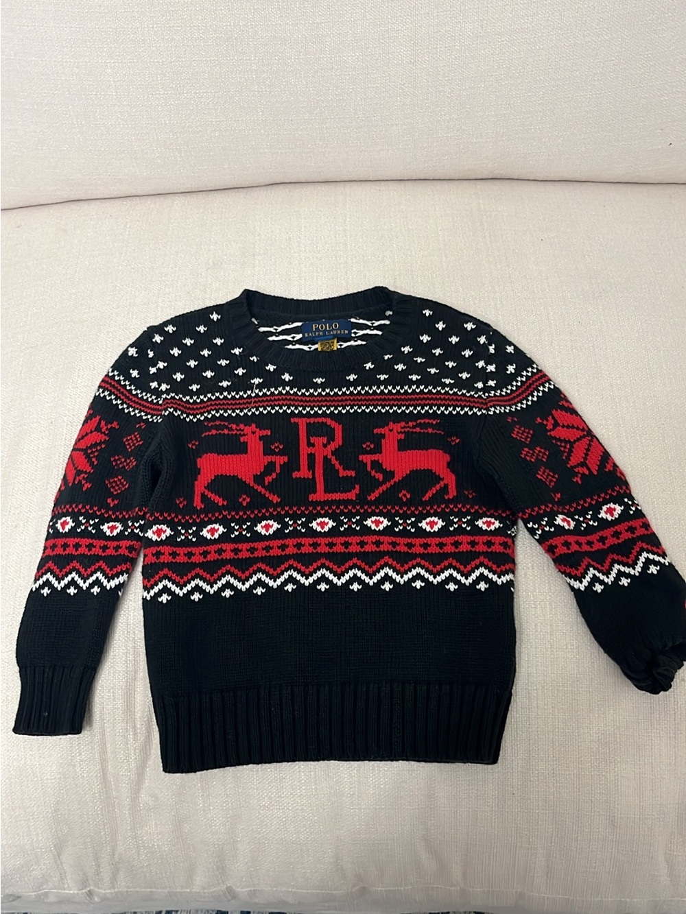 Polo by Ralph Lauren Black Red & White Fair Isle Reindeer Crewneck Sweater